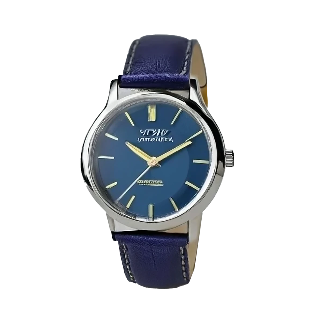 Reloj clásico con correa de cuero azul.