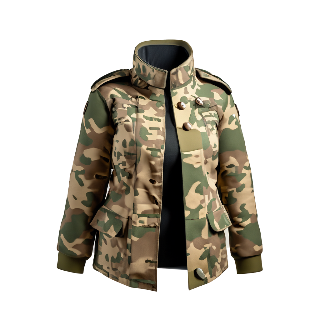 Chaqueta militar moderna con estampado de camuflaje.