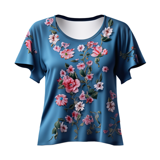 Elegante camiseta con cuello redondo y estampado floral.
