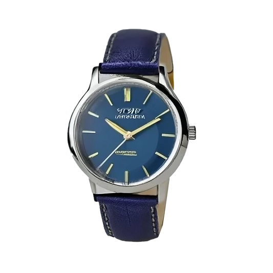 Reloj clásico con correa de cuero azul.
