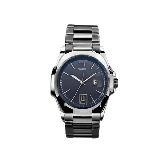 Reloj analógico con fecha, azul marino y plateado.
