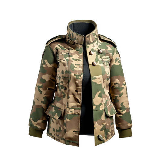 Chaqueta militar moderna con estampado de camuflaje.